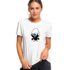 Qivi Yumurtadan Çıkan Şaşkın Kuş Baskılı Beyaz Örme Kadın T-shirt
