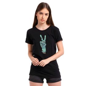 Qivi Zombie Peace Baskılı Siyah Örme Kadın T-shirt