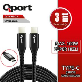 Qport 100W 3 mt Q-Type-C3 Type-C PD Hızlı Şarj Kablosu