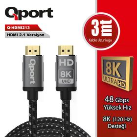 Qport Q-HDMI213 3 mt 2.1V 8K Altın Uçlu Örgülü HDMI Kablo