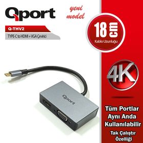Qport Q-THV2 Type-C HDMI VGA D Görüntü Adaptörü