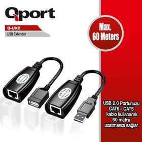 Qport Q-UX2 60 m Cat5/Cat6 USB 2 Adet Extender Dönüştürücü