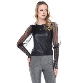 Quincey BDM2480 Kadın Siyah Manşet Detaylı Deri Bluz