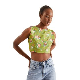 Quincey BDY2678 Kadın Yeşil Desenli Crop Bluz
