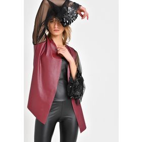 Quincey CKM4006 Tül Kollu Bordo Deri Kadın Ceket