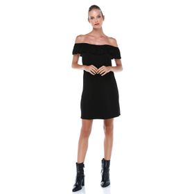Quincey EB2651 Siyah Fırfır Yakalı Midi Elbise
