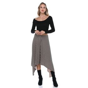 Quincey EK2376 Bej Siyah çizgili Asimetrik Kadın Etek