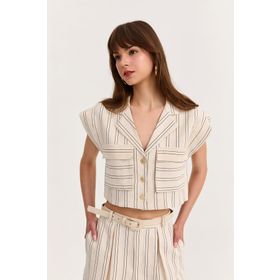Quzu 24Y11720 Naturel Çizgi Detaylı Büyük Cepli Kadın Gömlek