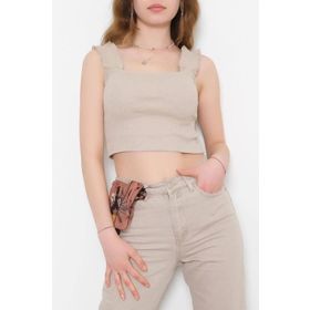 Quzu Askılı Crop Bej Kadın Bluz