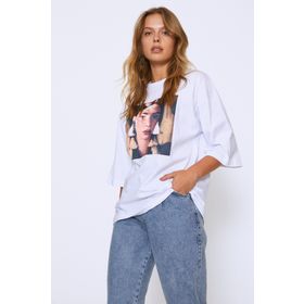 Quzu Beyaz Baskılı Oversize Kadın T-shirt