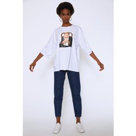 Quzu Beyaz Baskılı Oversize Kadın T-shirt