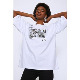 Quzu Beyaz Baskılı Oversize Kadın T-shirt