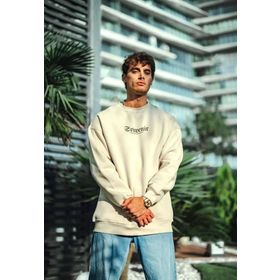 Quzu Beyaz Bisiklet Yaka Oversize Baskılı Kadın Sweatshirt