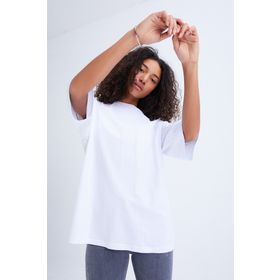 Quzu Truvakar Kol Basic Oversize Beyaz Kadın T-shirt