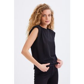 Quzu Vatkalı Kolsuz Basic Siyah Kadın T-shirt
