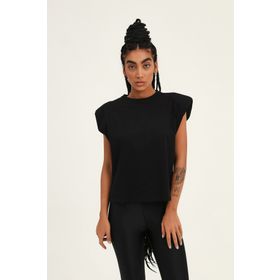 Quzu Vatkalı Kolsuz Basic Siyah Kadın T-shirt