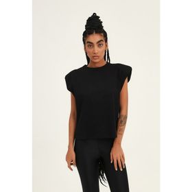 Quzu Vatkalı Kolsuz Basic Siyah Kadın T-shirt