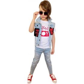 Quzucuk Kids Erkek Çocuk Kot Yelekli Pantolonlu Kırmızı Takım