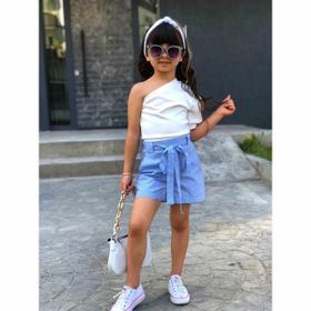 Quzucuk Kids Kız Çocuk Tek Omuzlu Bluz ve Mavi Şort Takımı