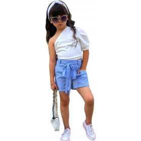 Quzucuk Kids Kız Çocuk Tek Omuzlu Bluz ve Mavi Şort Takımı