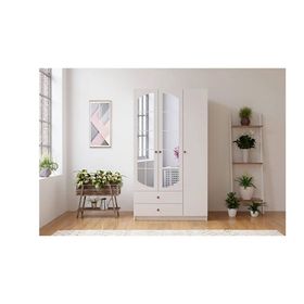 Rabi Ecem 3 Kapaklı 2 Çekmeceli Beyaz Aynalı Gardırop