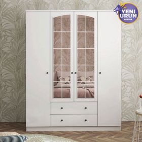 Rabi Mobilya Side Rose 4 Kapak 2 Çekmece Aynalı 210 Beyaz Gardırop