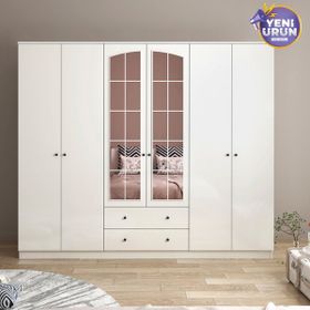 Rabi Rose 6 Kapak 2 Çekmece Aynalı 210 Beyaz Gardırop