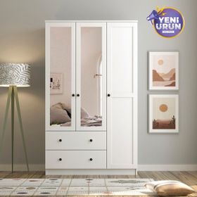 Rabi Side 3 Kapak 2 Çekmece Aynalı 210 Beyaz Gardırop