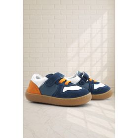 Rakerplus Bob Hakiki Deri Lacivert Beyaz Barefoot Cırtlı Lastikli Bebek Sneaker Ayakkabı