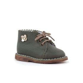 Rakerplus Handmade Haki Yeşil Çiçekli Hakiki Deri Bağcıklı Bebek Bot