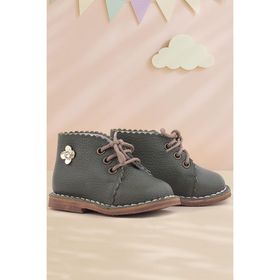 Rakerplus Handmade Haki Yeşil Çiçekli Hakiki Deri Bağcıklı Bebek Bot