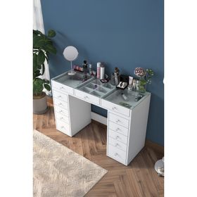 Rani BJ105 13 Çekmeceli Cam Tablalı Takı Düzenleyici Beyaz Makyaj Masası