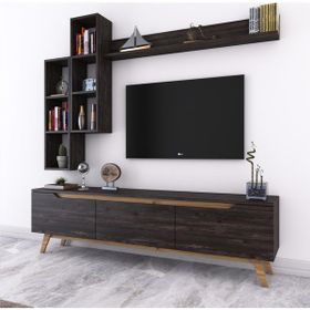 Rani D1 M16 Ceviz Duvar Raflı Kitaplıklı Ahşap Ayaklı Tv Ünitesi