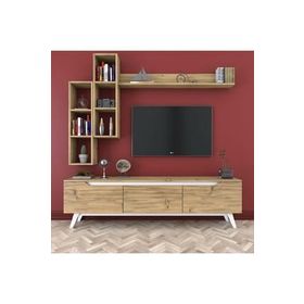 Rani D1 M16 Ceviz Duvar Raflı Kitaplıklı Ahşap Ayaklı Tv Ünitesi