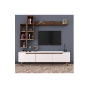 Rani D1 M16 Ceviz Duvar Raflı Kitaplıklı Ahşap Ayaklı Tv Ünitesi