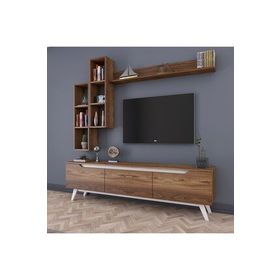 Rani D1 M16 Ceviz Duvar Raflı Kitaplıklı Ahşap Ayaklı Tv Ünitesi