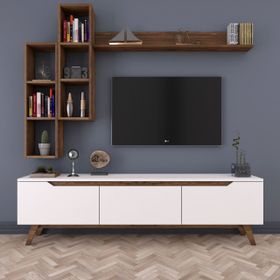 Rani D1 M16 Ceviz Duvar Raflı Kitaplıklı Ahşap Ayaklı Tv Ünitesi