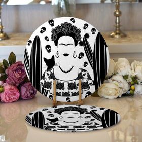 RealHomes 2 34x34 cm Renkli 1 Black Frida Kahlo Basklı Modern Yuvarlak Servis Altlığı Supla