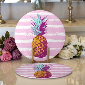 RealHomes 34x34 cm 2'li Canlı Renkli Ananas Motifli Dijital Baskılı Modern Yuvarlak Servis Altlığı Supla