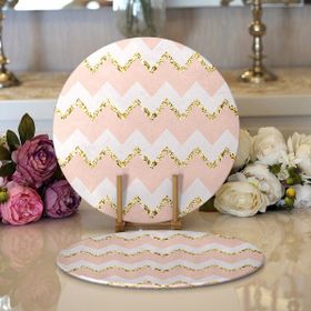 RealHomes 34x34 cm 2'li Pembe Zemin Üzerinde Gold Detaylı Renkli Zigzag Desenli Yuvarlak Servis Altlığı Supla