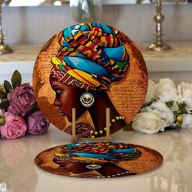 RealHomes 34x34 cm Renkli 2'li African Woman Çizimli Dijital Baskılı Modern Yuvarlak Servis Altlığı Supla
