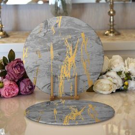RealHomes 34x34 cm Renkli 2'li Antrasit Zemin Üzerinde Gold Detaylı Çizim Desenli Modern Yuvarlak Servis Altlığı Supla