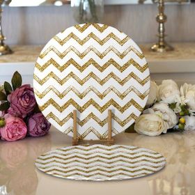 RealHomes 34x34 cm Renkli 2'li Beyaz Zeminde Gold Zigzag Desenli Dijital Baskılı Modern Yuvarlak Servis Altlığı Supla