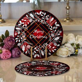 RealHomes 34x34 cm Renkli 2'li Ekose Merry Christmas Desenli Dijital Baskılı Modern Yuvarlak Servis Altlığı Supla