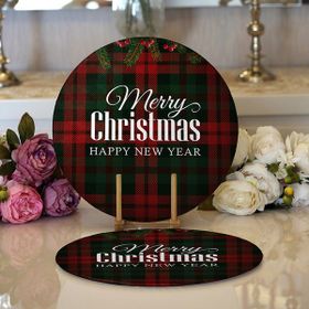 RealHomes 34x34 cm Renkli 2'li Ekose Zeminde Merry Christmas Dijital Baskılı Modern Yuvarlak Servis Altlığı Supla