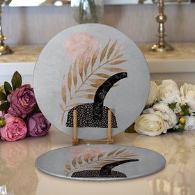 RealHomes 34x34 cm Renkli 2'li Gri Zeminde Gold Yaprak Motifli Modern Yuvarlak Servis Altlığı Supla