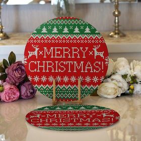 RealHomes 34x34 cm Renkli 2'li Merry Christmas Motifli Dijital Baskılı Modern Yuvarlak Servis Altlığı Supla