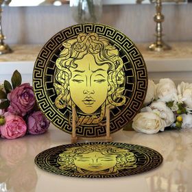 RealHomes 34x34 cm Renkli 2'li Özel Tasarım Siyah Zeminde Gold Medusa Modern Yuvarlak Servis Altlığı Supla