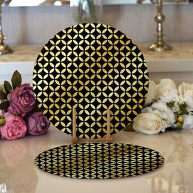 RealHomes 34x34 cm Renkli 2'li Siyah Zeminde Gold Geometrik Desenli Modern Yuvarlak Servis Altlığı Supla