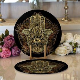 RealHomes 34x34 cm Renkli 2'li Siyah Zeminde Mandala Içinde Gold Fâtımâ'nın Eli Motifli Modern Yuvarlak Servis Altlığı Supla